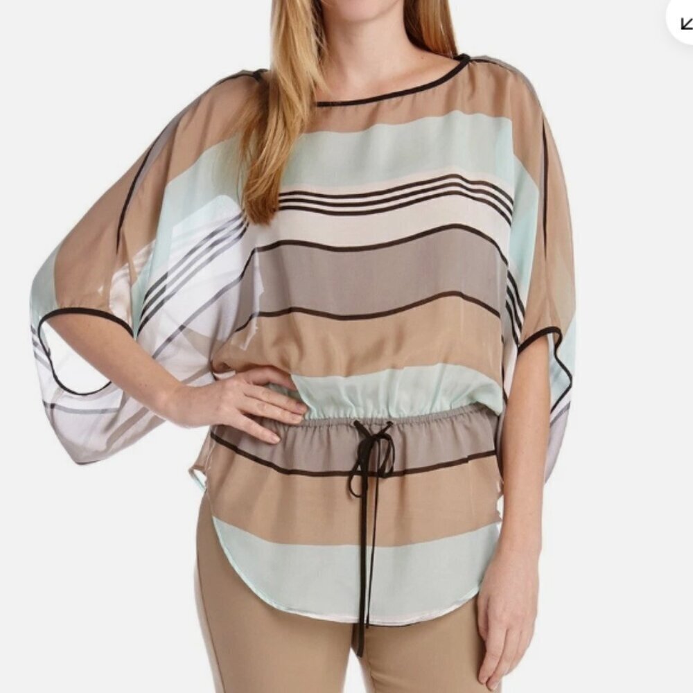 Karen Kane‎ 100% Silk Mint Khaki Black Multi Striped Tie Waist Kimono Top Size M